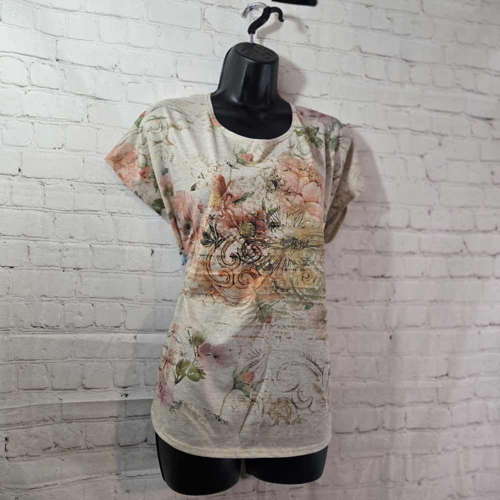 NorthStyle Cream Floral Short Sleeve Top Sz Xl USA Made Euro Cottage Ibiza